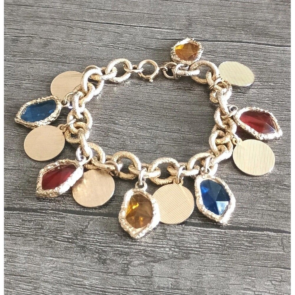 Emmons Glass And Gold Tone Disk Charm Vintage Bracelet